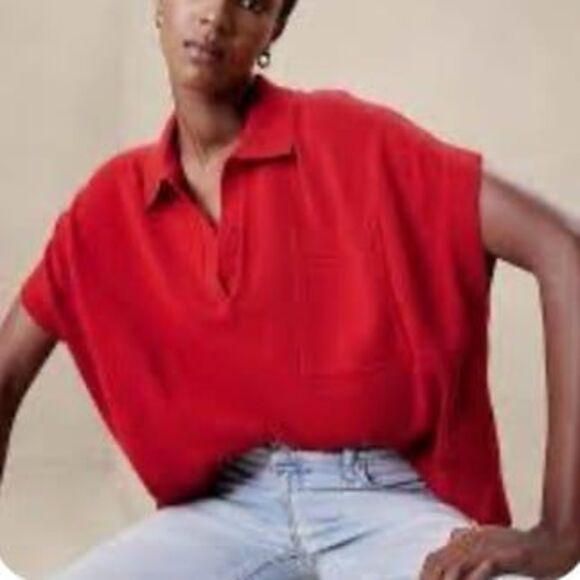 Banana Republic Oversized Johnny Collar Sweater Red Sunset Size M/L - Picture 1 of 7